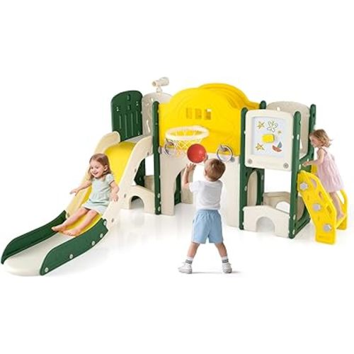 Costzon 10 in 1 Toddler Slide Set, Kids Slide and Climber Playset with Magnetic Whiteboard, Ring Toss, Basketball Hoop, Crawling Tunnel, Long Aisle & Storage, Indoor Playground for Ages 3+ (Yellow)