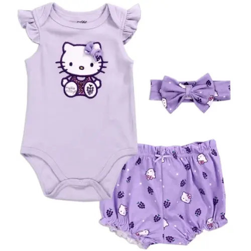 3 Pc Hello Kitty Gift Set Bodysuit Headband Shorts Purple & White Glitter Size 9 Months