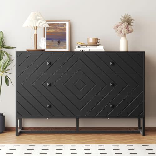 MAISONPEX Black Dresser for Bedroom with 6 Drawers, Wood Dresser with Metal Handles, Wide Chest of Drawers, 6 Drawer Dresser for Living Room, Entryway, Hallway