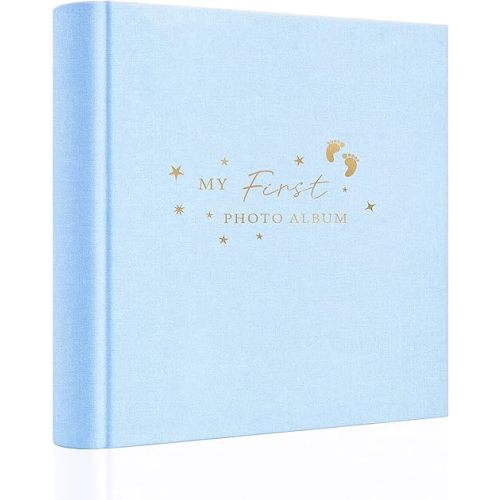 Holoary Baby Photo Album 4x6 100 Photos with Writing Area, 100 Pockets 4x6 Picture Album, Linen Fabric Cover Picture Book for Photos, Baby Photo Albums Hot Stamping Cover(Blue)