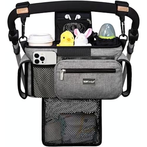 TOPDesign Universal Baby Stroller Organizer, Stroller Caddy with Detachable Mesh Bag & Heightened Insulated Cup Holders & Non-Slip Secure Hooks Accessories, Fits Most Strollers (Grey)