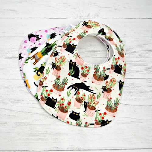 Black Cat Baby Bib: Organic Cotton Fleece, Cat & Plant Lover Gift