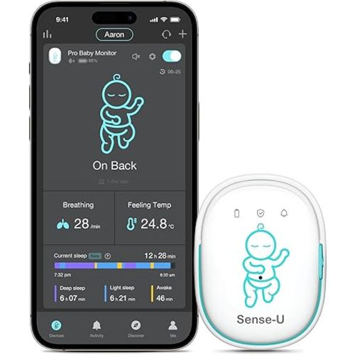Sense-U Moniteur de bébé intelligent Pro avec vibration d'éveil, alertes audibles et par application : suit le mouvement abdominal, les retournements, la sensation de température, moniteur de sommeil