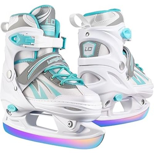 Adjustable Ice Skates for Kids Girls Boys, 4 Size Adjustable Beginner Ice Hockey Skates for Youths Teen, Warm Ice Skating Shoes with Electroplated Color-Changing Blades for Outdoor and Rink
