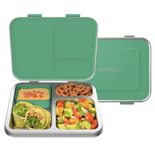 Bentgo Kids Stainless Steel Leak-Resistant Lunch Box - 3-Compartments with Bonus Silicone Container, Durable, Eco-Friendly, Dishwasher Safe, BPA-Free, Ideal for School, Ages 3+ (Green)