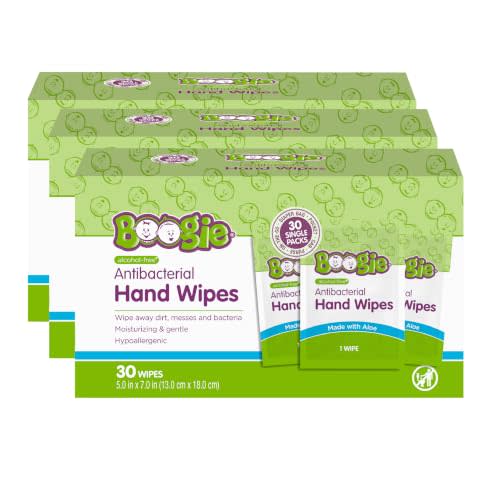 Boogie Antibacterial Hand Wipes - 90 Count - Hypoallergenic & Alcohol-Free - Individually Wrapped - Travel and Diaper Bag Essential