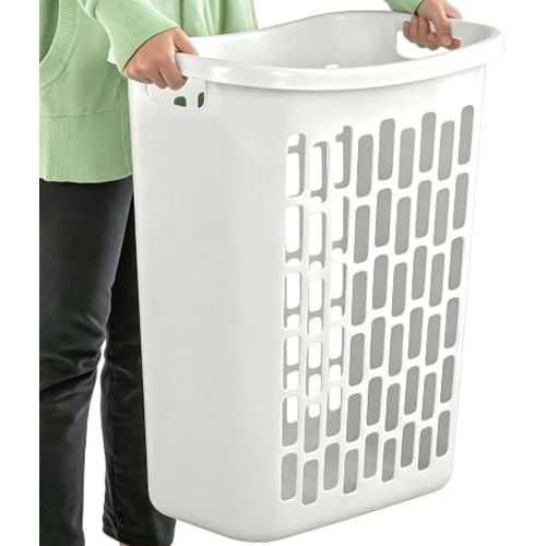 60L Plastic Laundry Hamper, White, Slim Tall Rectangular, Ventilated Clothes Basket with Handles, for Narrow Spaces, Bathroom, Dorm, and Apartments