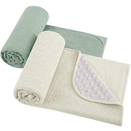 Susurration Baby Blanket for Unisex Boys Girls, 2 Pack Soft Fluffy Crib Blankets with Muslin Cotton Front and Dotted Fleece Back, Receiving Blanket for Baby Newborn Infant, 30x40inch, Green&Cream