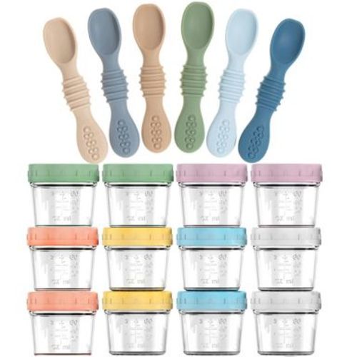 12-Pack Glass Baby Food Storage Jars with Lids, 6-Pack Silicone Baby Self-Feeding Spoons – BPA-Free, Leakproof, Freezer Safe Jars, Blue