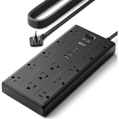 SUPERDANNY 10Ft Extension Cord with Multiple Outlets, Flat Plug Power Strip