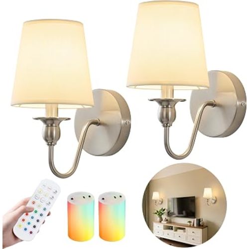 Battery Operated Wall Sconces set of Two,Rechargeable Wall Sconce with 1000mAh Dimmable Bulb and Remote,LED 15 Colors Wireless Battery Powered Wall Sconce with Fabric for Bedroom Living Room (Nickel)