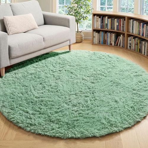 Sage Green Fluffy Round Rug Circle Area Rugs 4ft for Kids Teen Bedroom