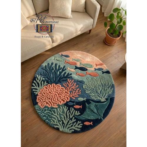 Hand Tufted Wool Rug, Ocean Coral Reef Design, Coastal Area Carpet, Nursery Decor