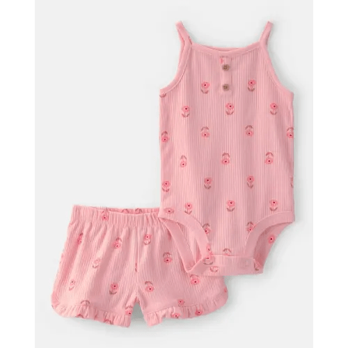 Baby Girl 2-Piece Floral Sleeveless Bodysuit & Short Set - Pink | Carter's