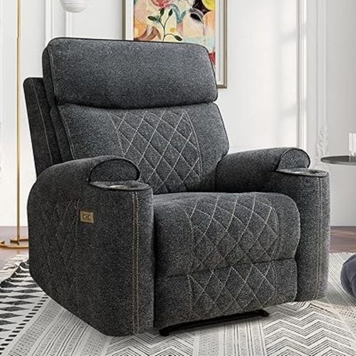 HAOMARKETS Electric Recliner Chair, Soft Fabric Power Recliners with Metal Cup Holders, Single Overstuffed Heavy Duty Reclining Sofa Chairs for Living Room Bedroom, Dark Grey