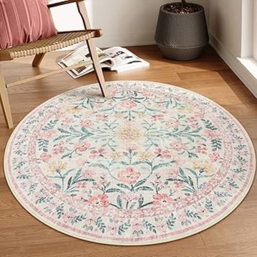 Lahome Boho Light Pink Round Rug 4ft, Washable Small Circle Rugs for Bedroom Kids, Pink and Green Nursery Circular Carpet Girl Decor, Soft Non-Slip Round Carpet for Sunroom, Blush