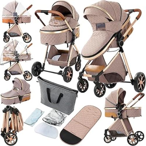 2 in 1 Baby Stroller, Convertible Pram, Reversible Standard Stroller, Portable Baby Buggy, Infant Carriage, Foldable High Landscape Pushchair for Toddler Newborn (225 Khaki)