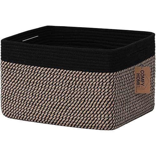 COMFY-HOMI Cotton Rope Woven Basket with Handles for Shelves,Toys,Book, Cloth Storage Baskets Bin for Organizing-13.5"x11"x9.5" Toy Decorative Organizer for Living Room, Bathroom-Black/Jute