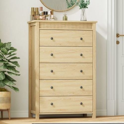 Fluted 5 Drawer Dresser, Natural 5 Chest of Drawers Nightstand with Fluted Design, 48in Tall Wooden Dresser Closet for Bedroom Living Room Nursery