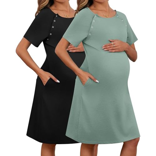 Huukeay 2 Pack Labor Delivery Nursing Hospital Gown Women's 35% Cotton Maternity Birthing Dress 3 In1 Breastfeeding Pajamas
