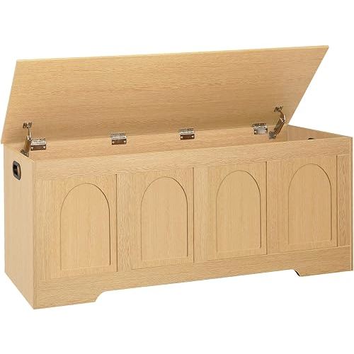 DINZI LVJ Storage Chest, 47.2" Rattan-Like Toy Box with 2 Safety Hinges, Wooden Entryway Storage Bench with Flip-Top, Large Trunk for Living Room, Bedroom, Easy Assembly, Natural