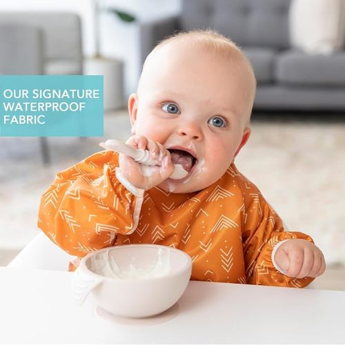 Bumkins Sleeved Bib for Girl or Boy, Baby and Toddler for 6-24 Mos, Essential Must Have for Eating, Feeding, Baby Led Weaning Supplies, Long Sleeve Mess Saving Food Catcher, Soft Fabric, Boho Orange