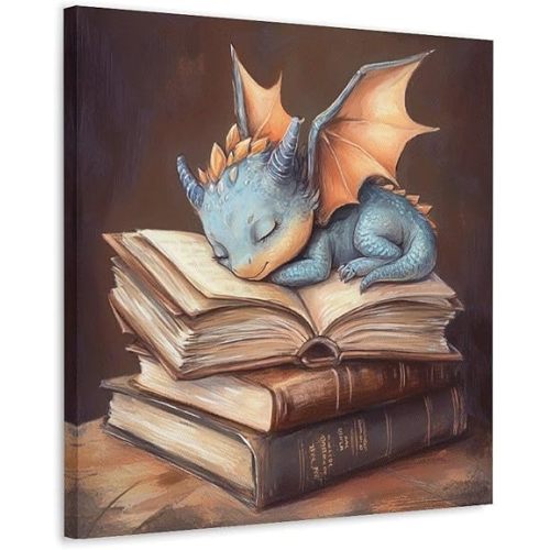 Blue Baby Dragon Sleeping on Books Canvas Painting Wall Art Vintage Poster Print Artwork Picture for Bedroom Room Decor 24x24inch(60x60cm) Frame