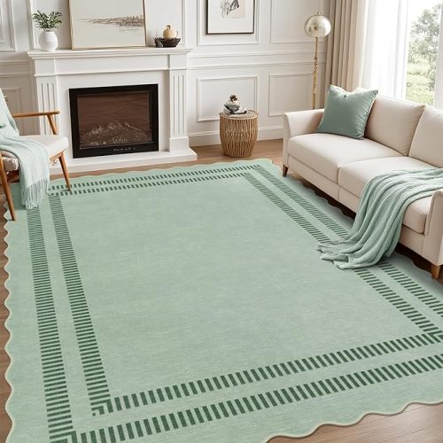Washable 8x10 Rugs for Living Room Bedroom, Non-Slip Sage Green Indoor Carpet for Dining Room Office, Ultra Thin Scalloped Soft Carpets for Kids Nursery Playroom