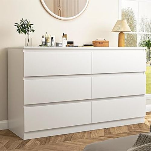 White Dresser for Bedroom, 48'' Modern Large 6 Drawer Dresser with Deep Drawer,Wide Storage Chest of Drawers,Bedroom Storage Furniture, TV Stand for Living Room