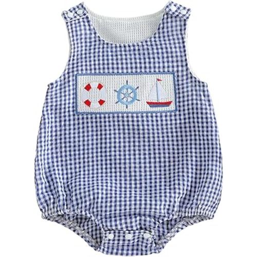 Baby Boy Smocked Bubble Romper Crawfish Onesie Sleeveless Plaid Lobster Bodysuit Summer Outfits Infant Clothes