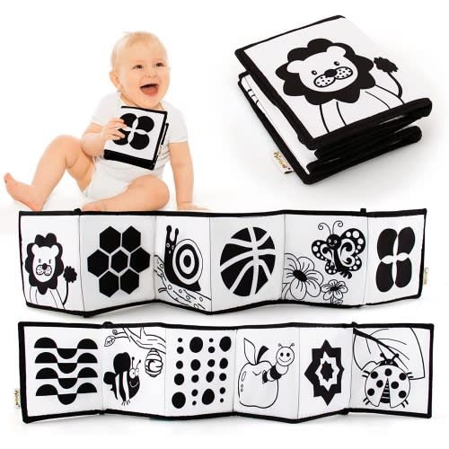 Baby Soft Cloth Book, High Contrast Black & White Baby Books, Washable Sensory Tummy Time Book Toys for Infant Toddlers