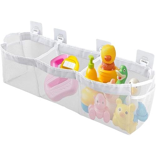 JIANWEI Bath Toy Organizer, 3 Compartment Bathtub Toy Storage Bag, Quick Access Bath Toy Holder with 4 Hooks, Mesh Shower Caddy Practical Supplies for Toy Organizer and Sorting(White)