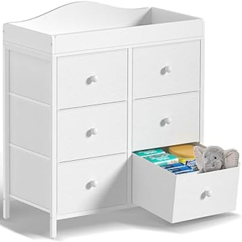 BOLUO Changing Table Dresser with 6 Fabric Drawers, Baby Dresser with Changing Table Top Diaper Changing Station with Storage for Nursery Modern