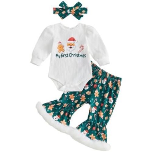 Newborn Baby Girl Christmas Outfit Ribbed Romper and Flared Pants Sets 3Pcs