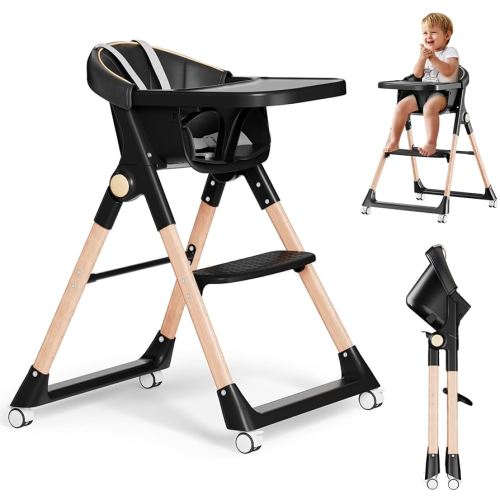 Baby High Chair, High Chairs for Babies and Toddlers, Convertible Folding High Chair with Wheels, Removable Tray 5 Point Harness Footrest Detachable PU Cushion, Portable Highchair for Baby Toddlers