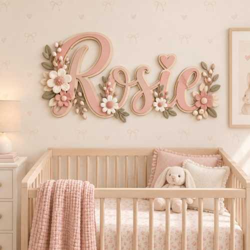 Personalized Floral Name Sign, Pink Baby Girl Nursery Decor, Custom Wooden Script Name Sign, Flower Wall Decor, Baby Shower Gift
