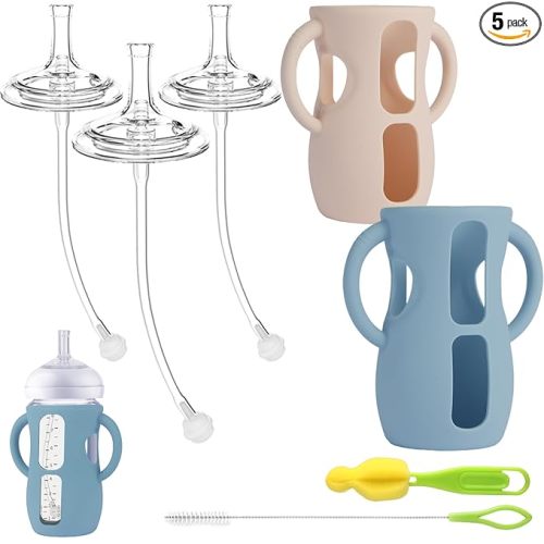 Straw Cup Conversion Kit with Silicone Sleeves for Avent Natural Glass Baby Bottle 8oz, Toddler Sippy Cups Transition Kit w Anti Breakage Bottle Holder Compatible with Philips Natural Baby Bottles 8oz
