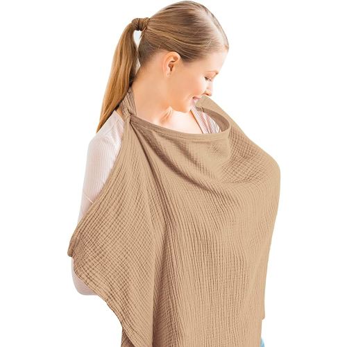 Konssy Muslin Nursing Cover for Baby Breastfeeding, Breathable 100% Cotton Breastfeeding Cover with Rigid Hoop for Mother Nursing Apron, Multi-use Carseat Canopy (Camel)