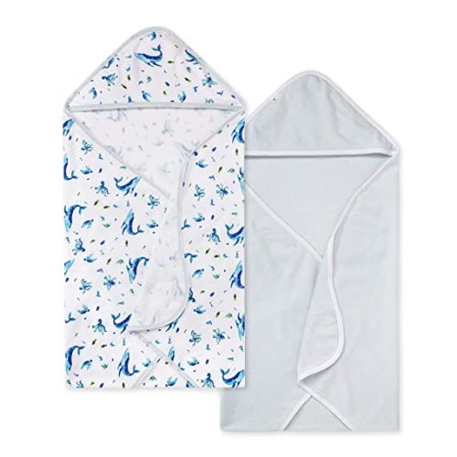 Burt's Bees Baby - Hooded Towels, Absorbent Knit Terry, Super Soft Single Ply, 100% Organic Cotton (2-Pack) - Whale of a Tale