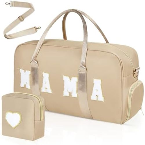 Mama Hospital Bag for Women Labor and Delivery Nylon Chenille Letter Embroidered Duffle Overnight Weekender Bag with Shoes Compartment Mothers Day Gifts(Khaki, Mama)