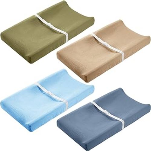 Mixweer 4 Pack Muslin Changing Pad Cover Soft Breathable Cotton Diaper Changing Table Pad Cover Table Sheets for Baby Boys Girls, Fit 2 Sizes(Novel Color)