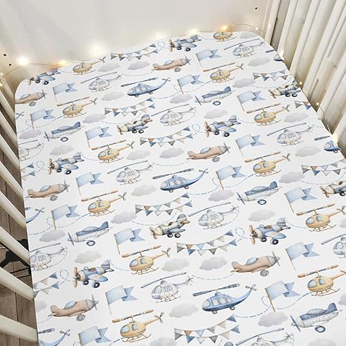 Watercolor Airplanes Helicopters Baby Crib Sheets for Boy Girl 52x28Inch Vintage Aircraft Soft Snug Fitted Crib Mattress Cover Blue Air Transport Travel Baby Sheet for Crib & Toddler Bed Mattresses