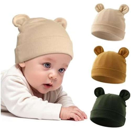 Cotton Newborn Hats for Unisex, Bear Ears Baby Girl Boy Beanie Hat for Newborn, Infant, Toddler Cap