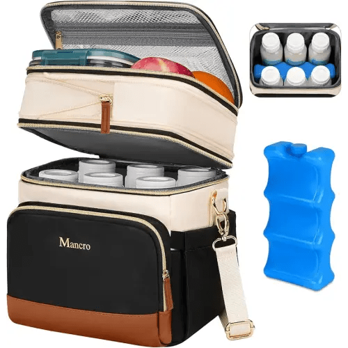Mancro Expandable Breast Milk Cooler Travel Bag with Ice Pack, Double Layer Baby Bottle Bag Fits 6 Bottles Up to 9 Ounce, Breastmilk Cooler Bag with Shoulder Strap for Nursing Moms & Daycare
