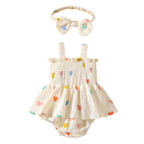 LIIPEE Girls Onesie Summer Cute Sleeveless Love Heart Printed Strappy Ruffled Pleated Dress Bodysuit Newborn Lovely Party One-Pieces,Yellow,9-12 Months