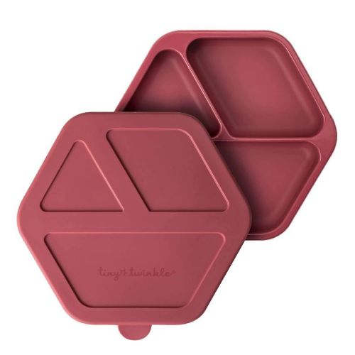 Tiny Twinkle Silicone Suction Divided Plate with Lid Baby/Toddler Dish for Independent Eating (Burgundy, with Lid)