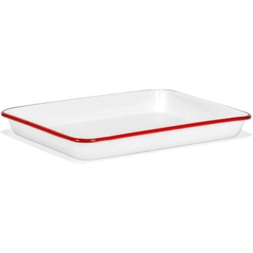 Red Co. 11" x 9" Enamelware Metal Classic 2 Quart Rectangular Serving Tray, Solid White/Red Rim