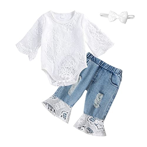koramesis Baby Girl Clothes Set Lace Ruffle Romper Flare Denim Jean Pants and Headband 3Pcs Set Newborn Infant Outfits Set