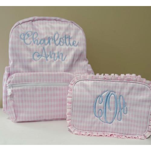 Girls Monogram Pink Gingham Backpack Set: Embroidered School Bag, Lunchbox, Duffle Bag, Accessory/Pencil pouch, Wipeable School Bag