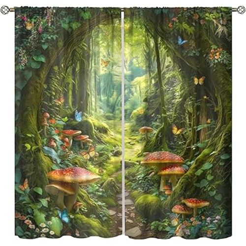 Enchanted Forest Curtains Nature Woodland Mushroom Path Plant Pattern for Boys Bedroom Living Room Bathroom Decor Rod Pocket Blackout Window Drapes,2 Panels Set,63x72 Inch